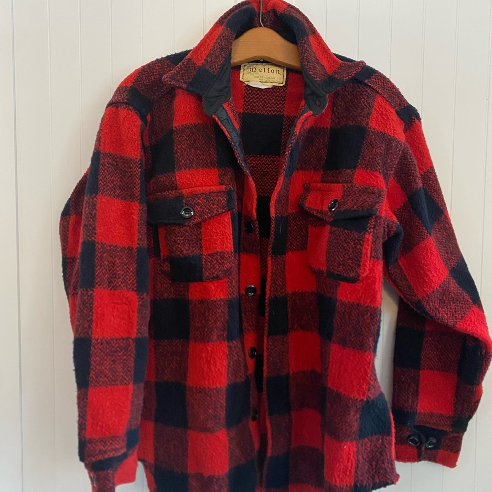Vintage Melton Wool Red and Black Plaid Outerwear Button up Jacket